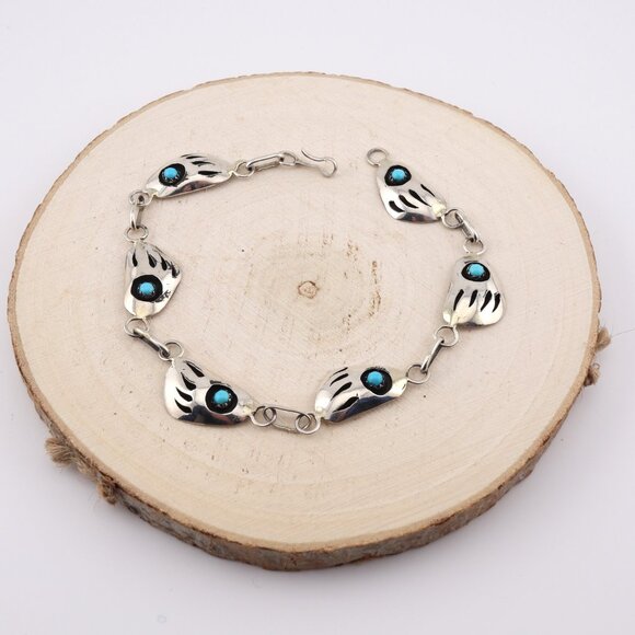 Navajo Sterling Silver Link Bracelet Shadow Box Turquoise Jewelry Sz 8.75in. ** - Picture 5 of 12